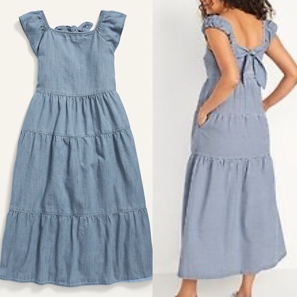 Old Navy oversized Kid Girl blue boho Tiered chambray All-Day Maxi Dress 10-12